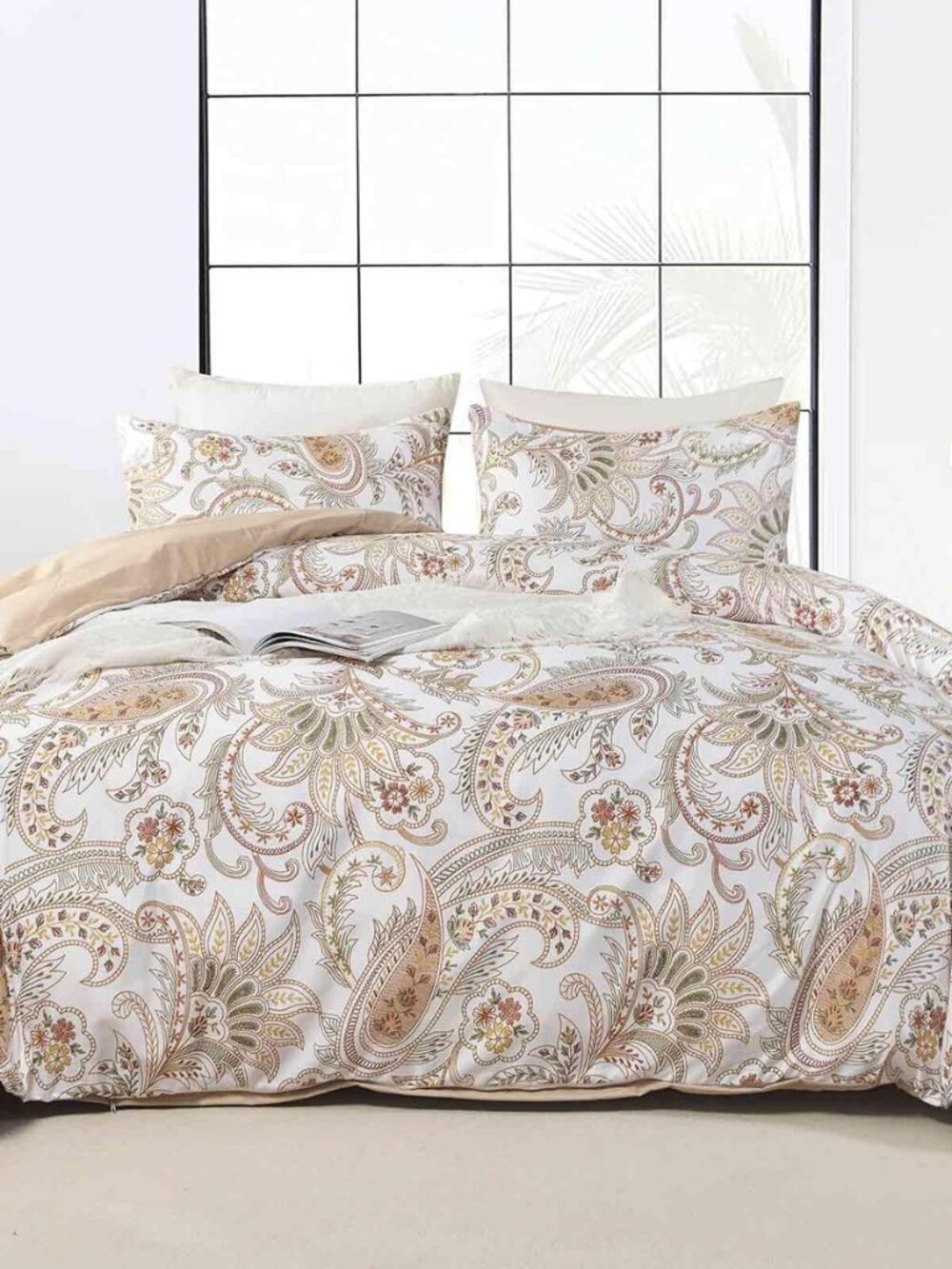 Paisley Duvet Cover Set King Size, Tan Taupe Classy Boho Damask Printed Pattern